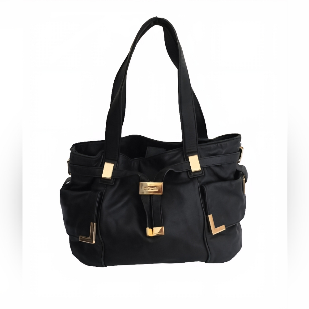 Michael Kors Black Leather Hobo Tote with Gold Hardware